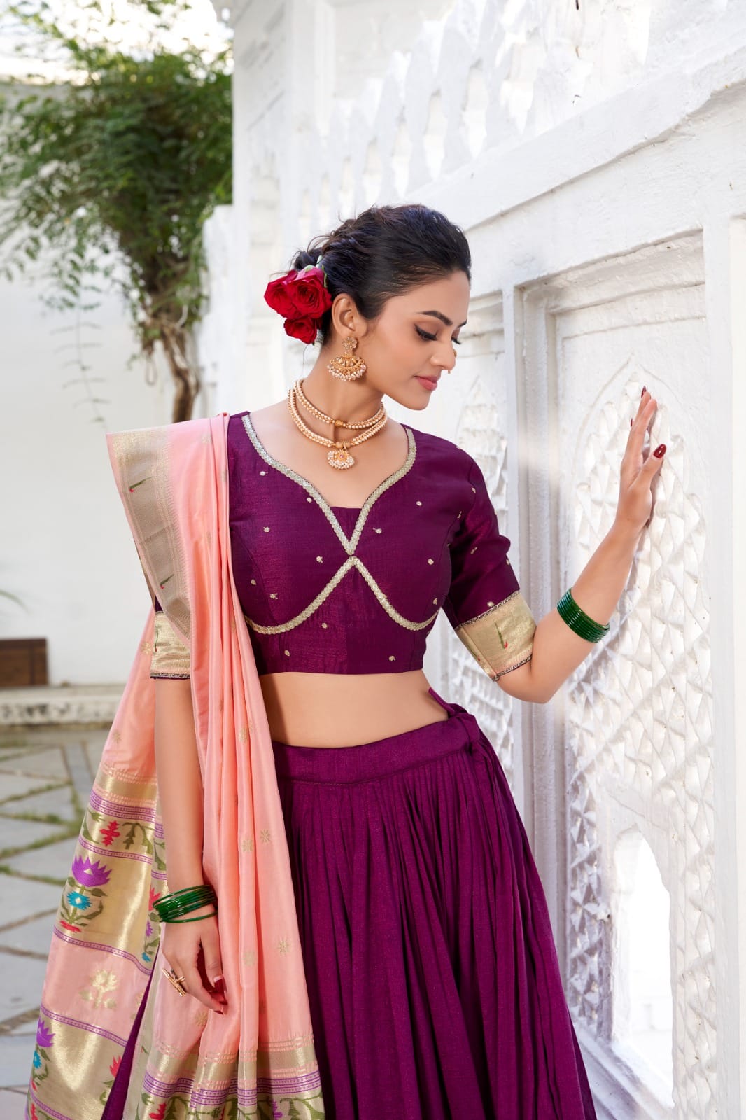 Wine Vichitra Silk Lehenga Choli Left Wine Vichitra Silk Lehenga Choli Left