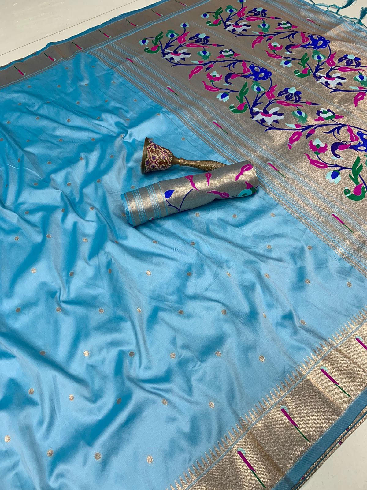 Bluish Cyan Soft Kanchivaram Paithani Silk Saree