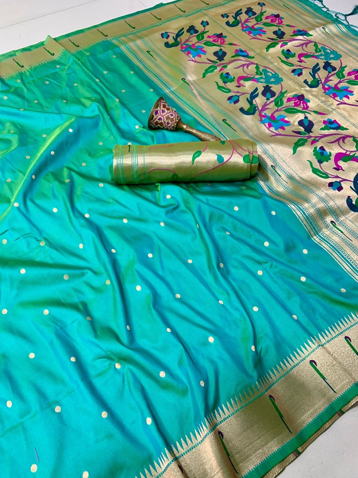 Cyan Soft Kanchivaram Paithani Silk Saree