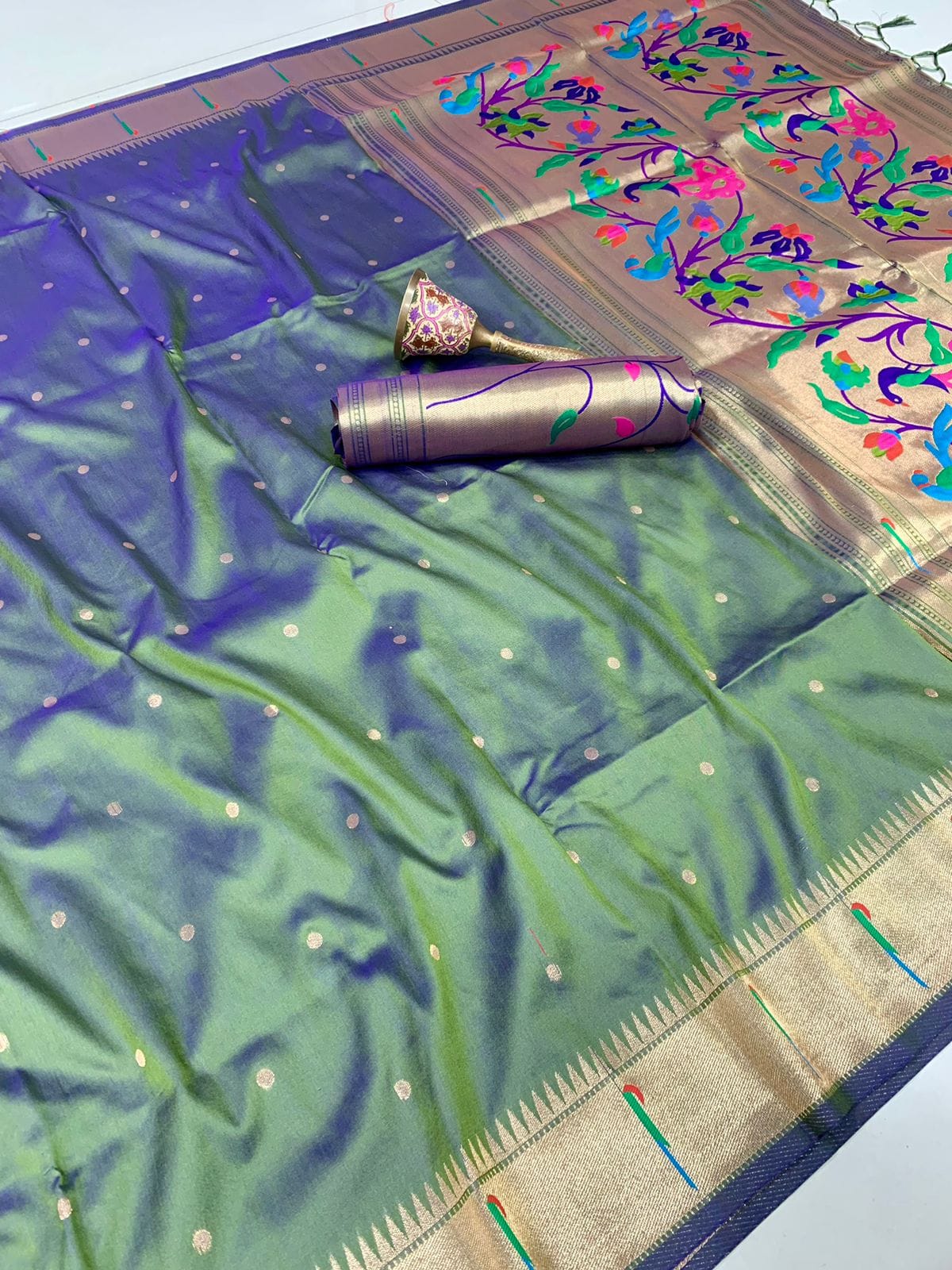 Grey-Green Soft Kanchipuram Paithani Silk Saree