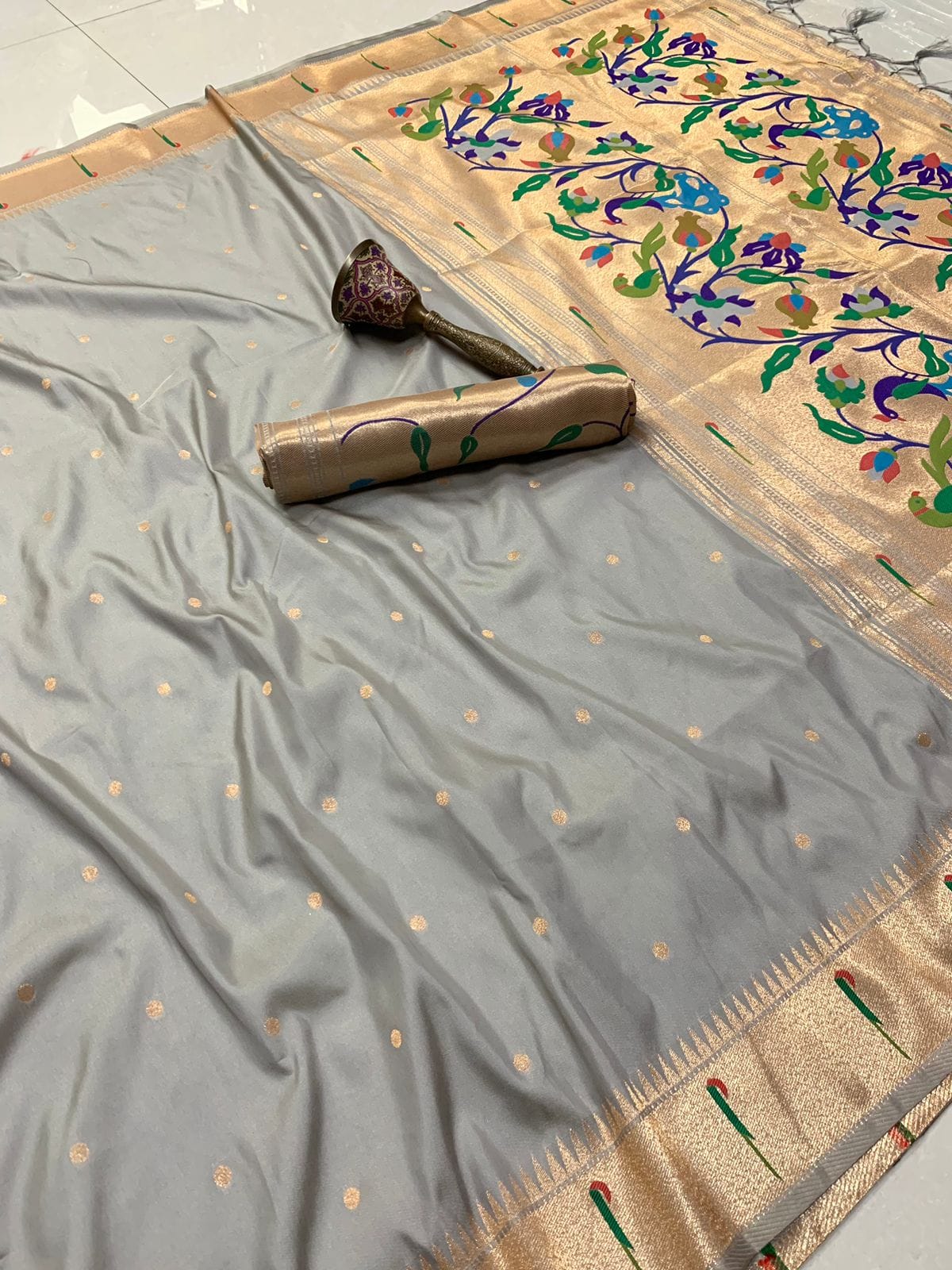 Grey Soft Kanchivaram Paithani Silk Saree