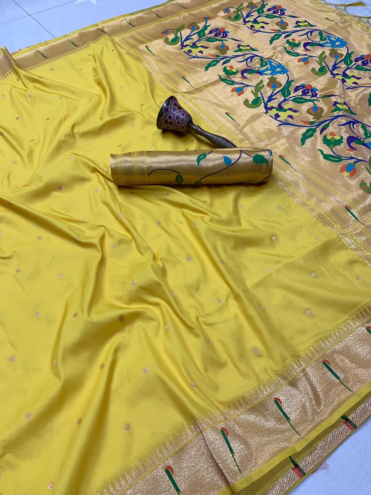 Soft kanchivaram Paithani Silk Saree Yellow