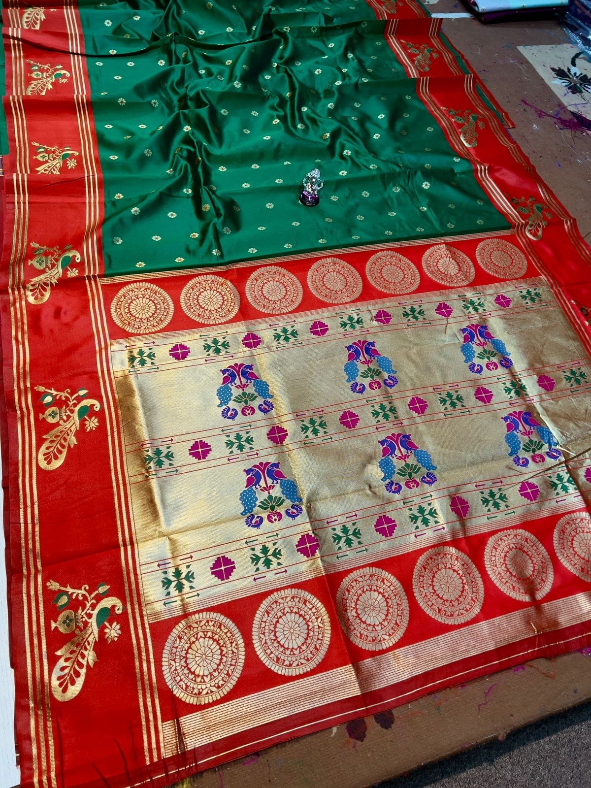 Turning border Paithani Bottle Green Red Full Turning border Paithani Bottle Green Red Full