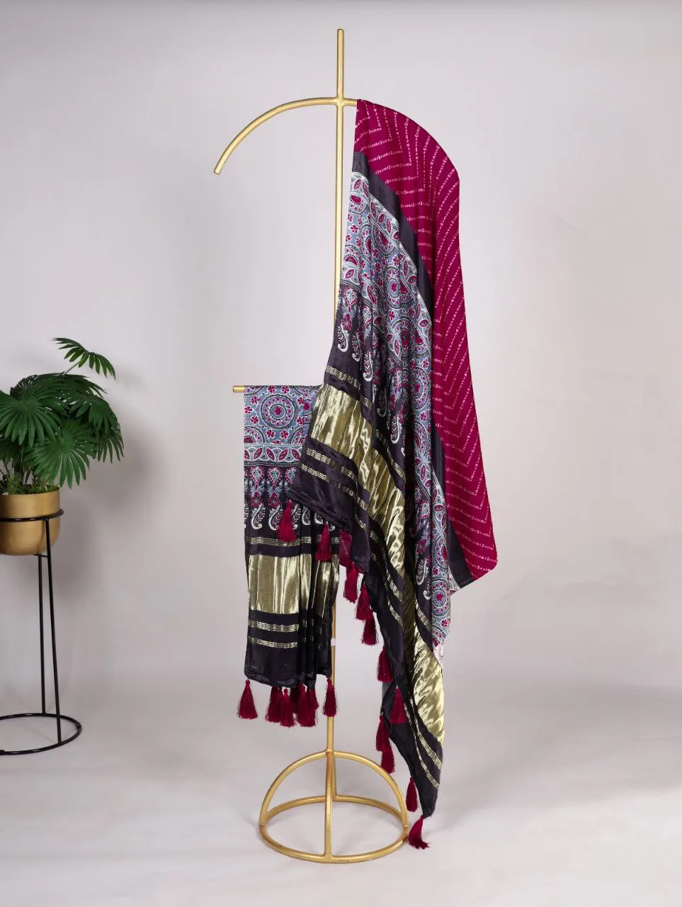 Black Maroon Printed Gaji Silk Dupatta