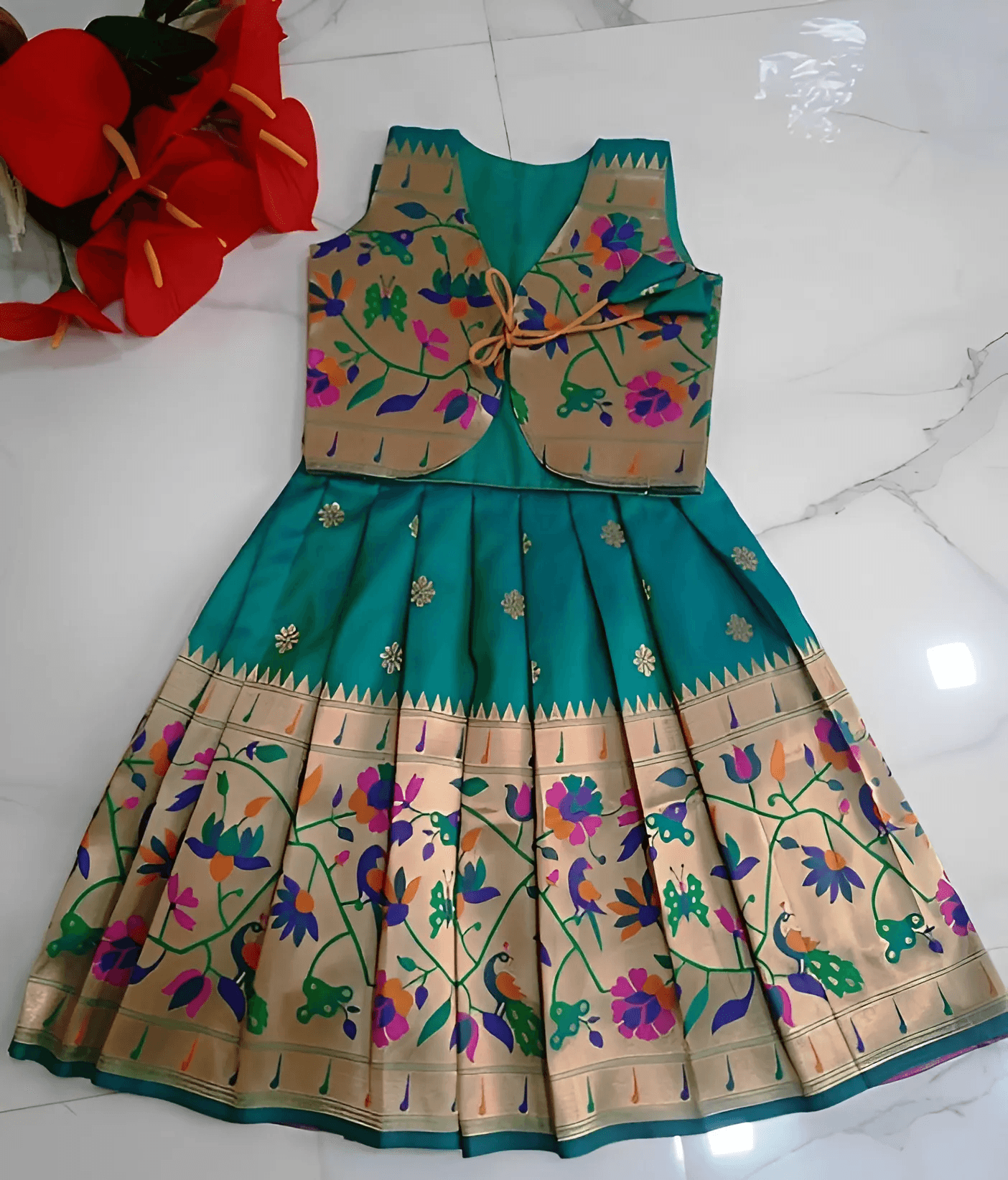 Green Paithani Jacket Frock Front Green Paithani Jacket Frock Front