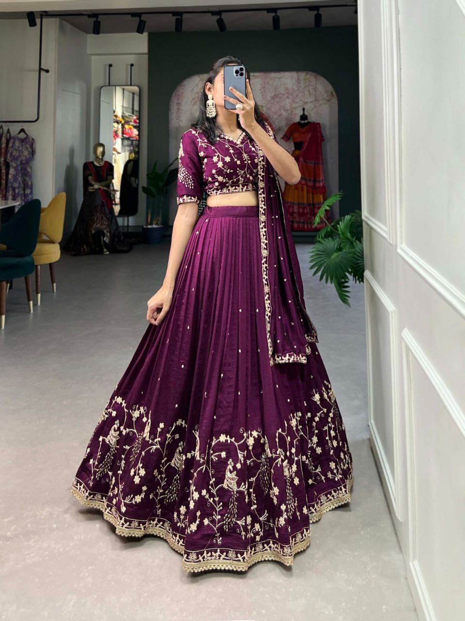 Wine Vichitra Silk Lehenga Choli Front Wine Vichitra Silk Lehenga Choli Front