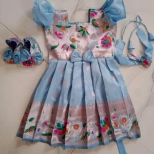 Sky Blue Paithani Frock Set with Accessories - Paithani kidswear frock