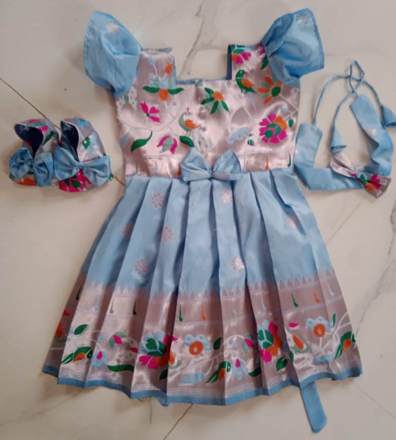 Sky Blue Paithani Frock Set (2) Sky Blue Paithani Frock Set with Accessories - Paithani kidswear frock