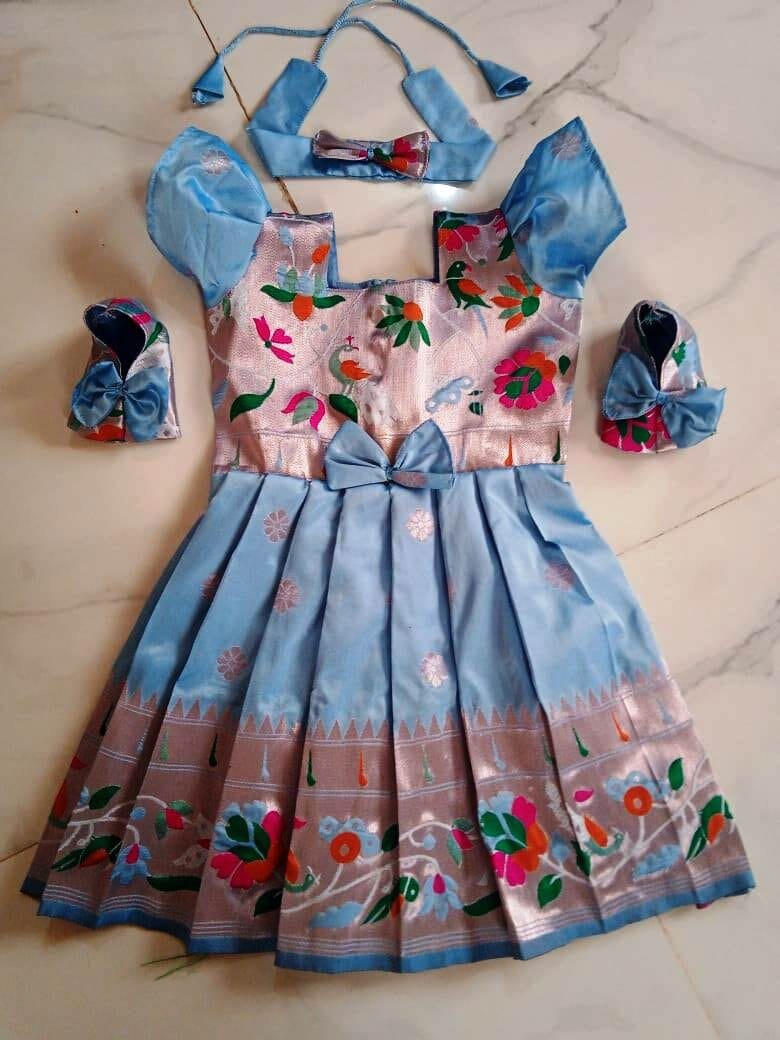 Sky Blue Paithani Frock Set Sky Blue Paithani Frock Set with Accessories - Paithani kidswear frock