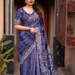 Handblock printed pure Chanderi silk saree in navy blue.