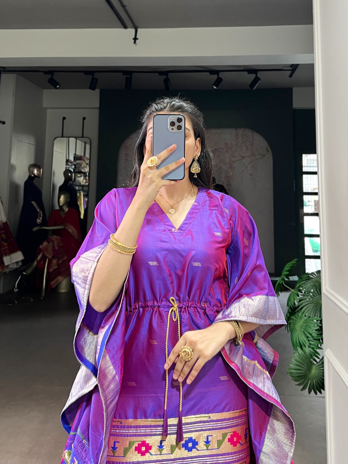 Jacquard Kaftan in vibrant purple color.