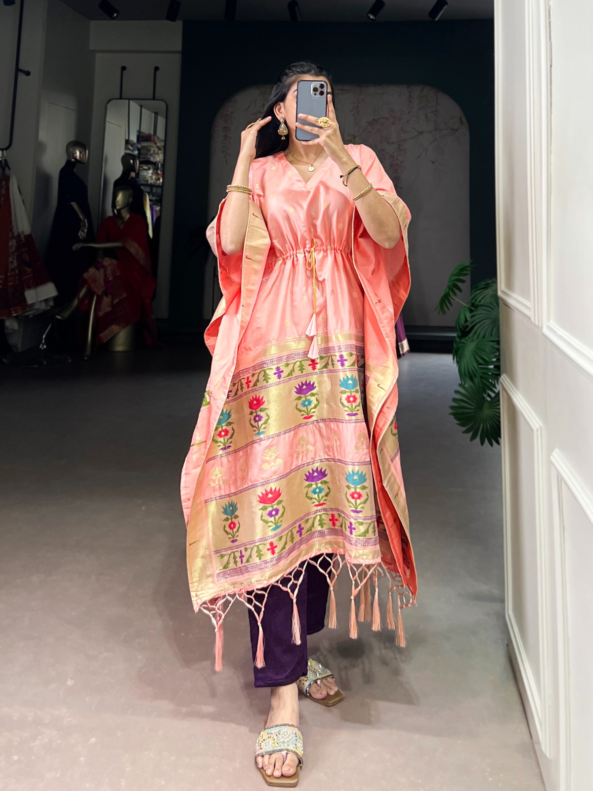 Jacquard Kaftan from Rugved Collection in pink with floral embroidery.