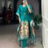 Teal Jacquard Kaftan with embroidered details.