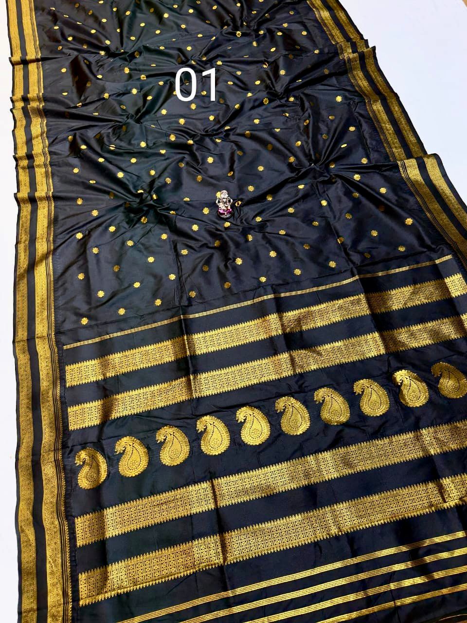 Black saree with golden zari work for Makar Sankranti.