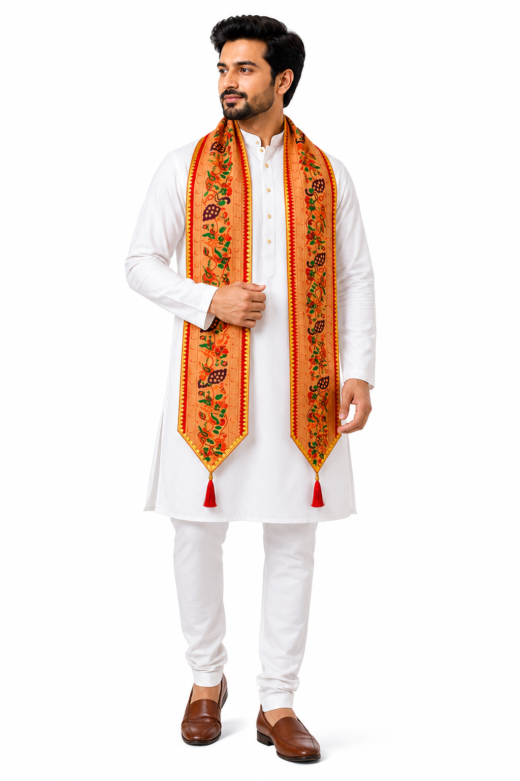 Premium Paithani Shawl for Men – Traditional Embroidered Festival Stole | 60 x 5.5 Inch | Rugved Collection