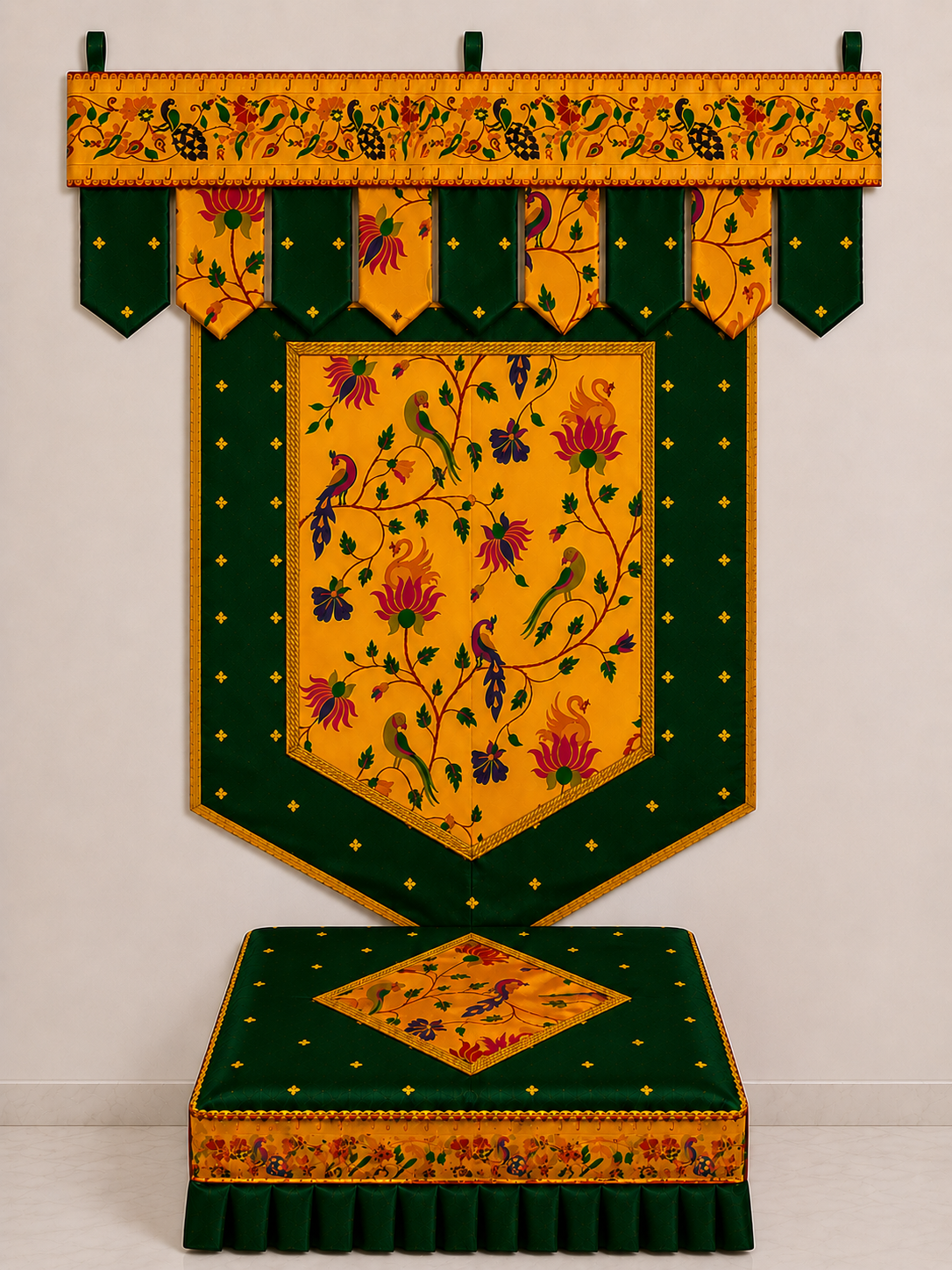 Dark Bottle Green Set Premium Paithani Ganpati Decoration Set | Toran Backdrop Chaurang Cover
