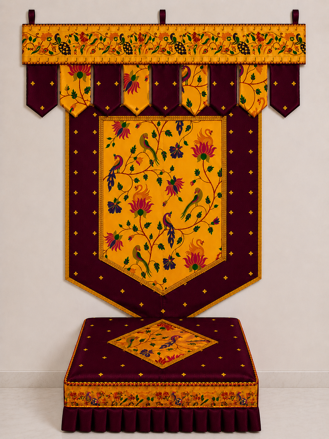 Dark Wine set Premium Paithani Ganpati Decoration Set | Toran Backdrop Chaurang Cover