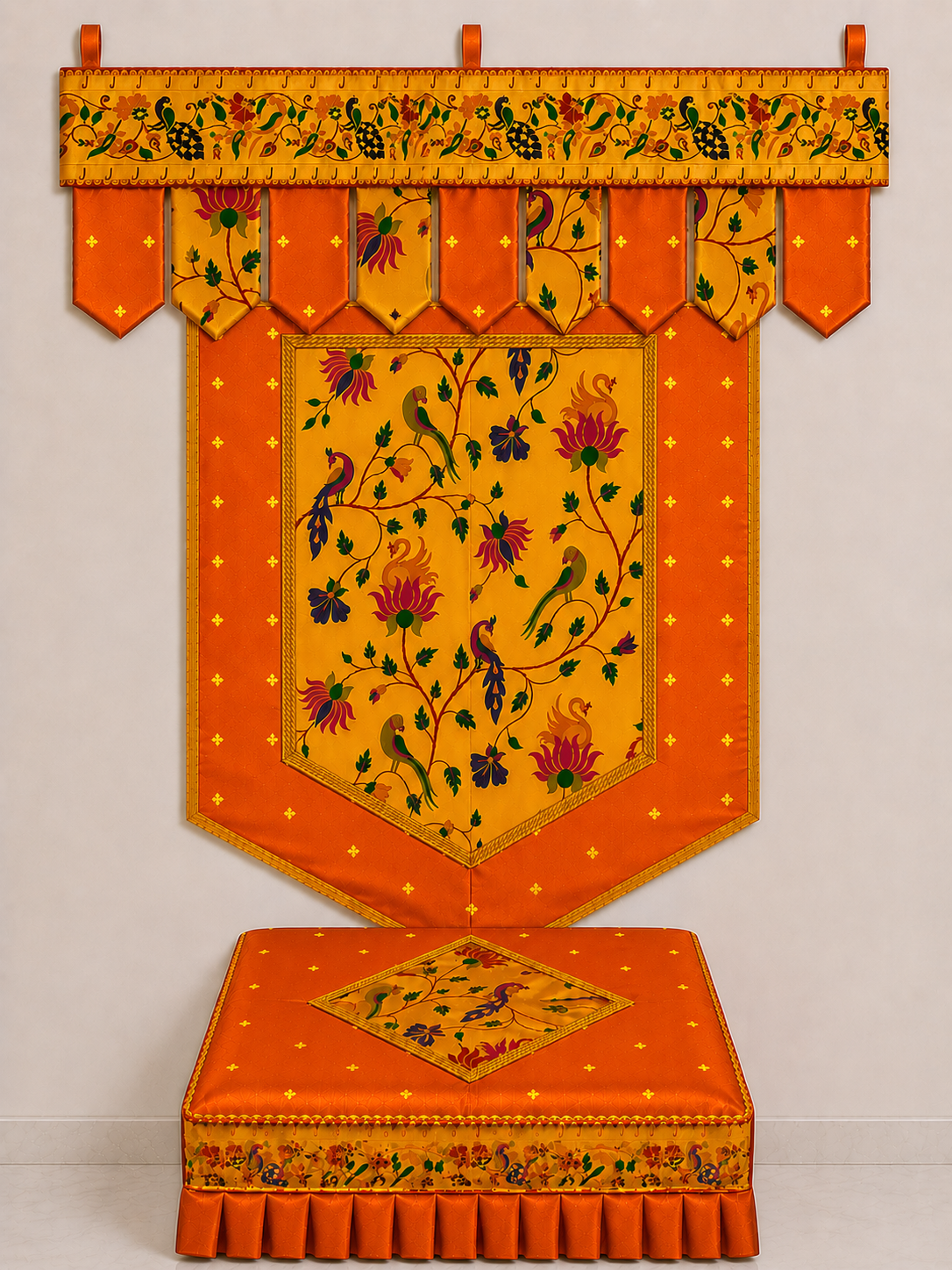 Orange set Premium Paithani Ganpati Decoration Set | Toran Backdrop Chaurang Cover