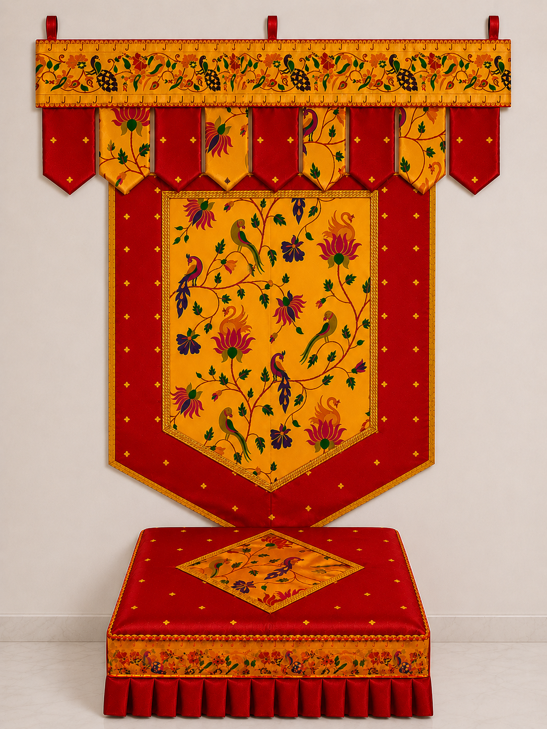Red Set Premium Paithani Ganpati Decoration Set | Toran Backdrop Chaurang Cover