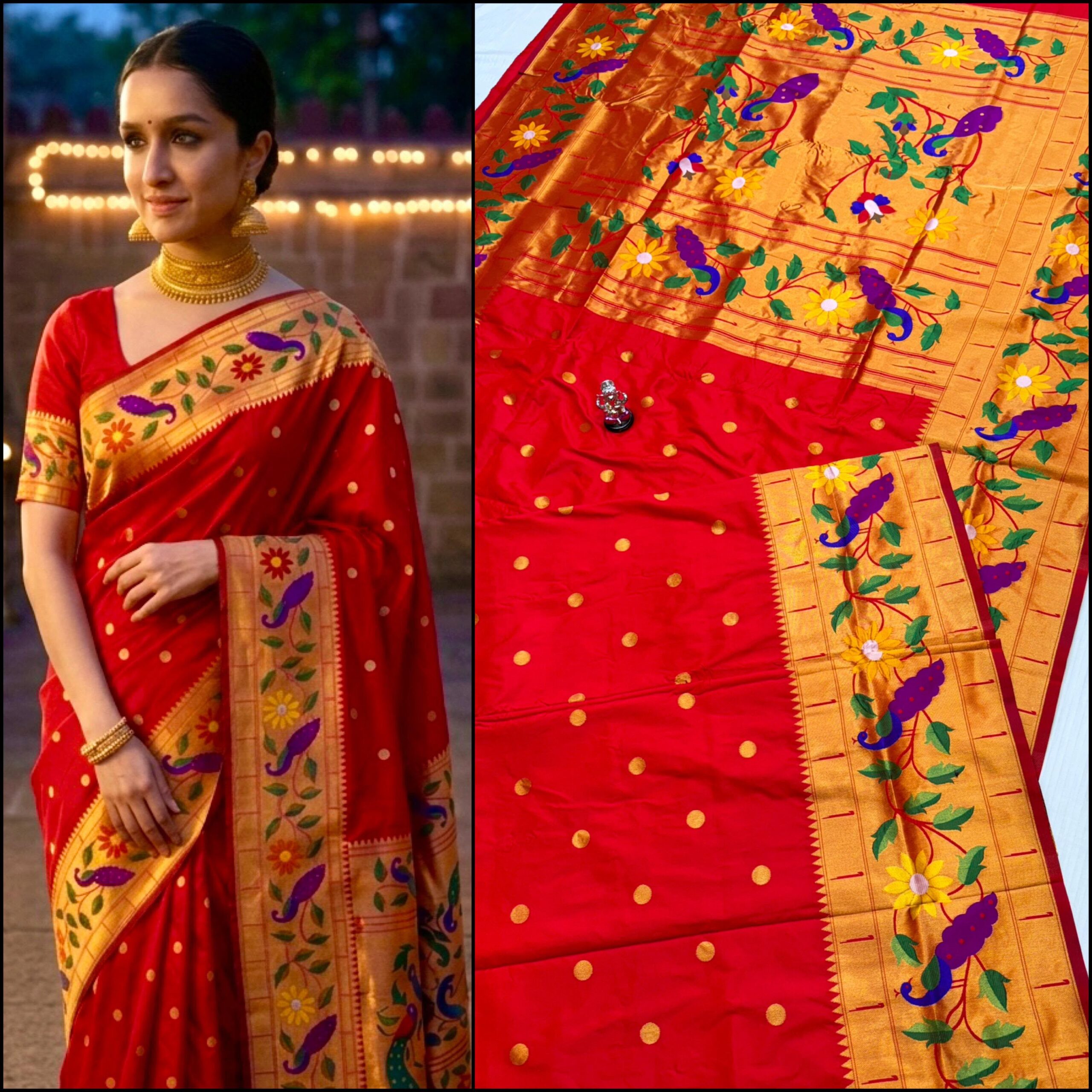 Red_02 Radha Rani Brocade Paithani Saree | Premium Soft Silk | All Over Zari Butti | Running Blouse
