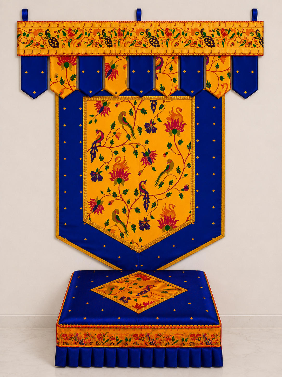 Royal Blue Set Premium Paithani Ganpati Decoration Set | Toran Backdrop Chaurang Cover