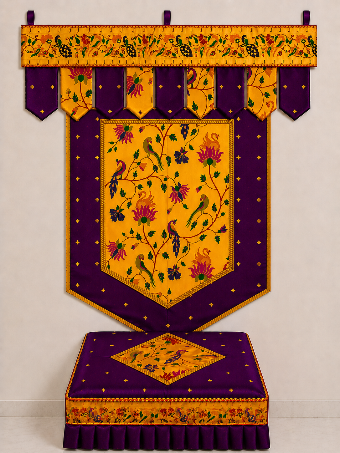 purple set Premium Paithani Ganpati Decoration Set | Toran Backdrop Chaurang Cover