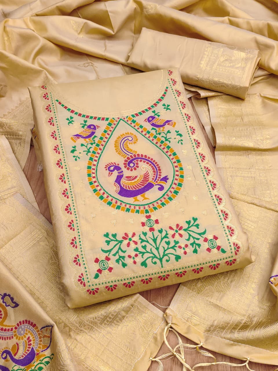 Elegant Paithani Style Unstitched Dress Material