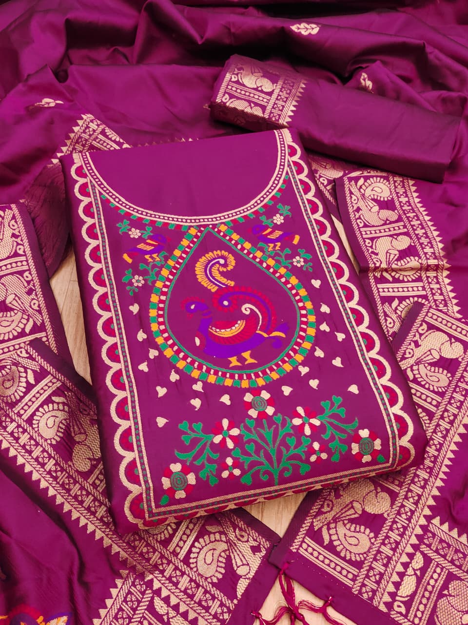Elegant Paithani Style Unstitched Dress Material