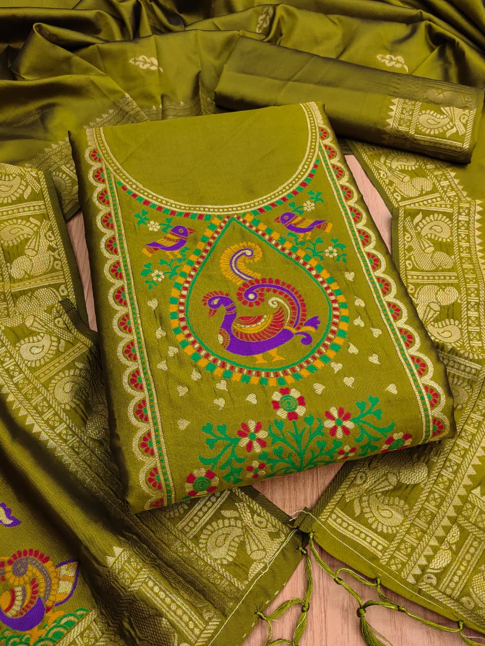 Elegant Paithani Style Unstitched Dress Material