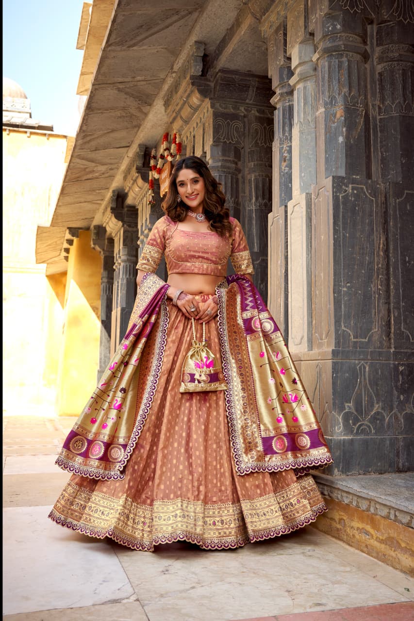 Peach Front 2 Elegant Paithani Lehenga Choli for Weddings