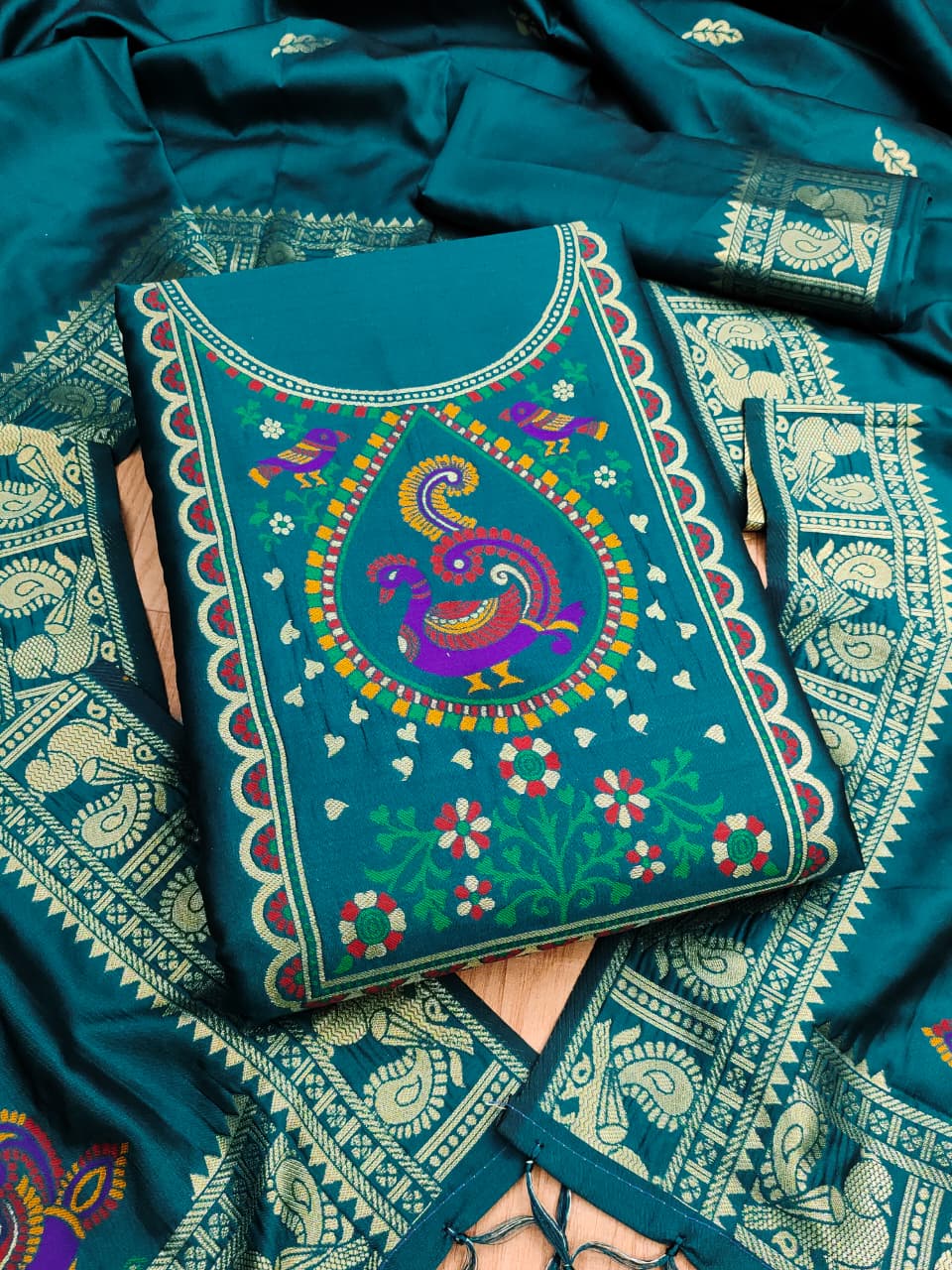 Elegant Paithani Style Unstitched Dress Material