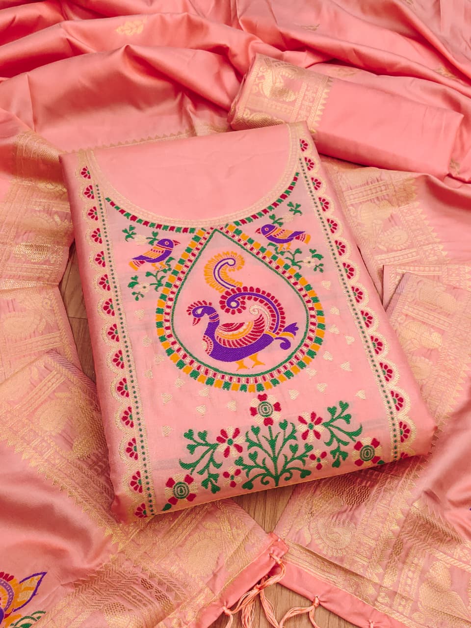 Elegant Paithani Style Unstitched Dress Material