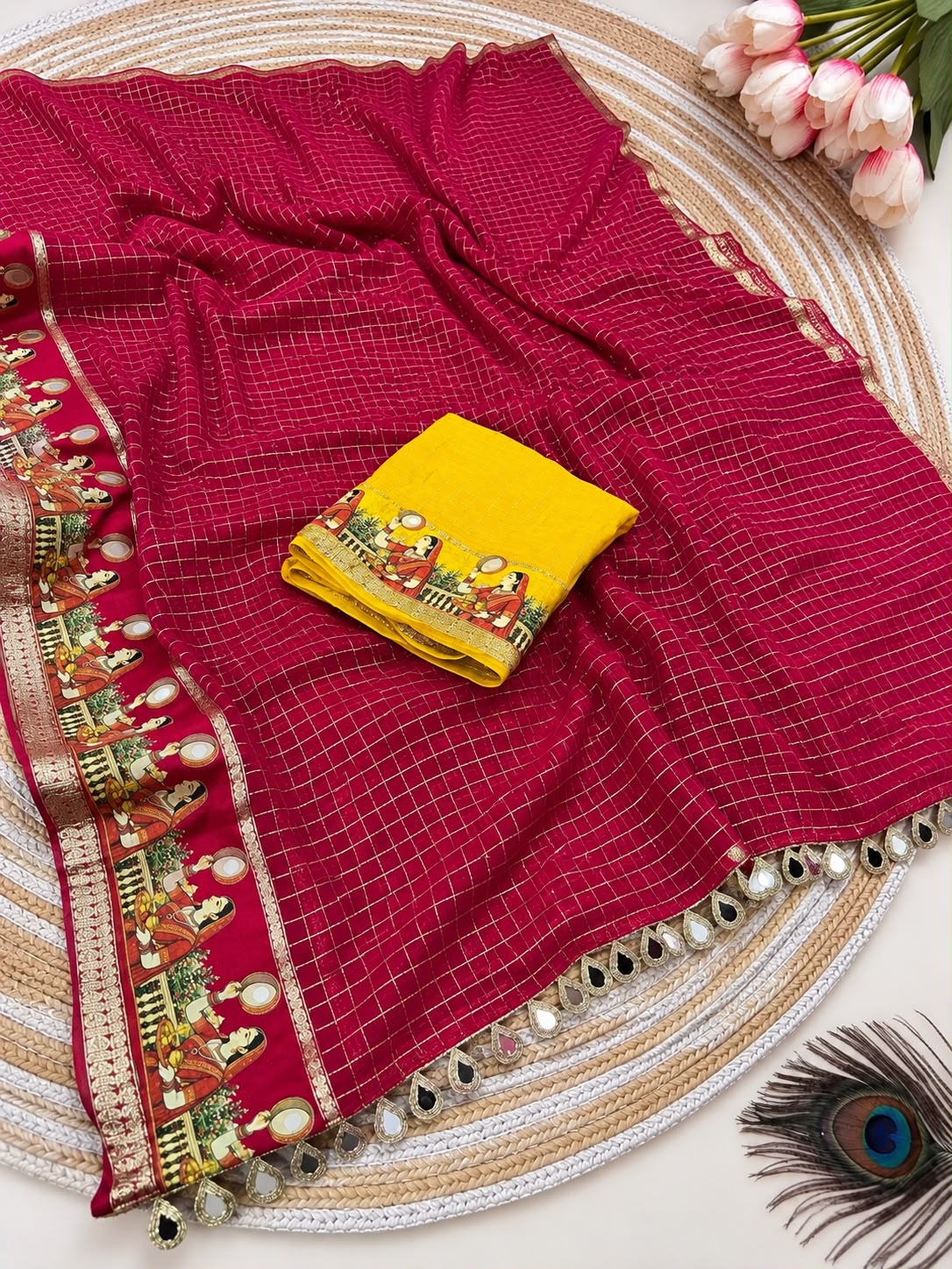 Stylish Viscose Checks Karwachauth Satin Border Saree