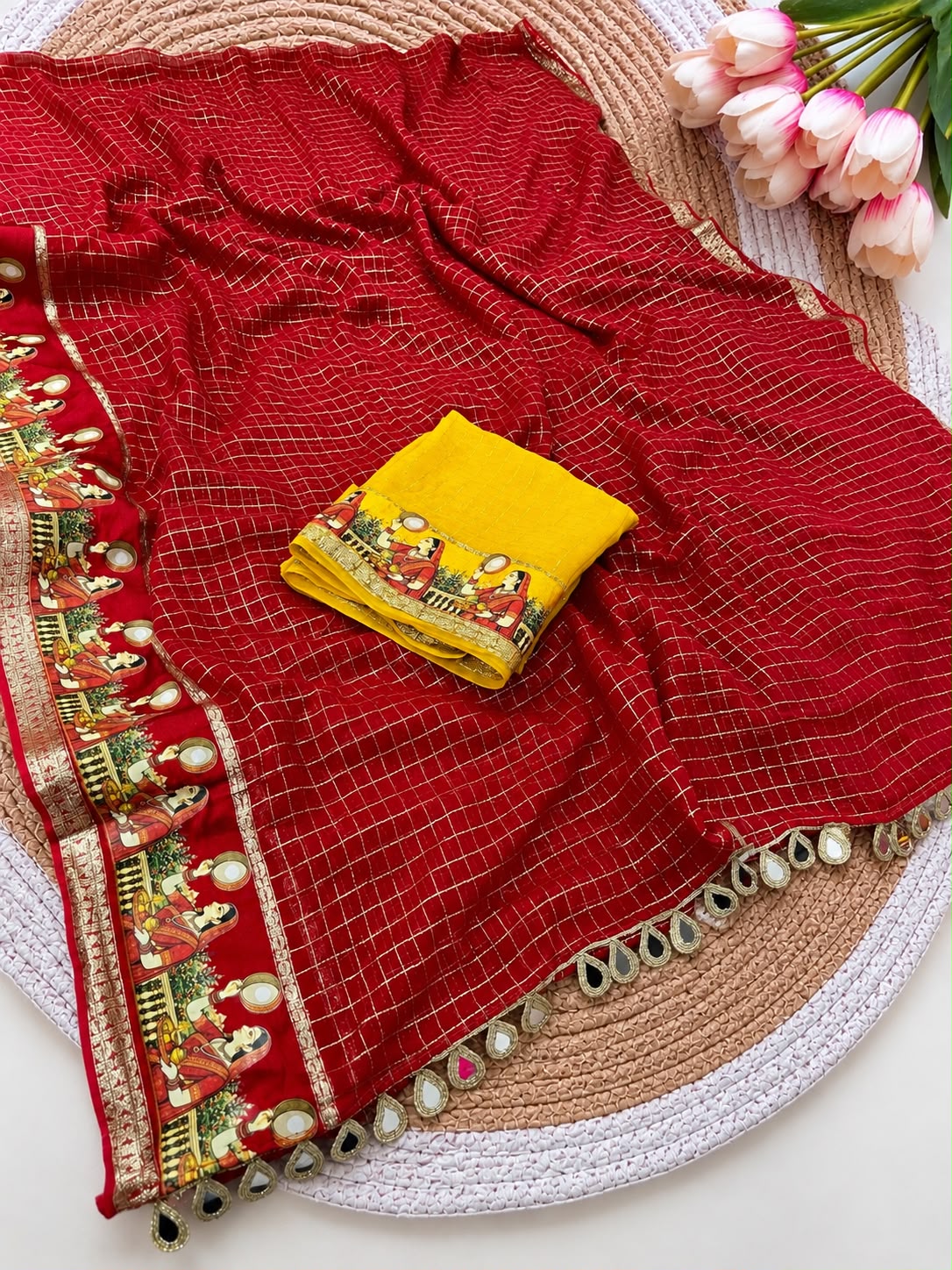 Stylish Viscose Checks Karwachauth Satin Border Saree