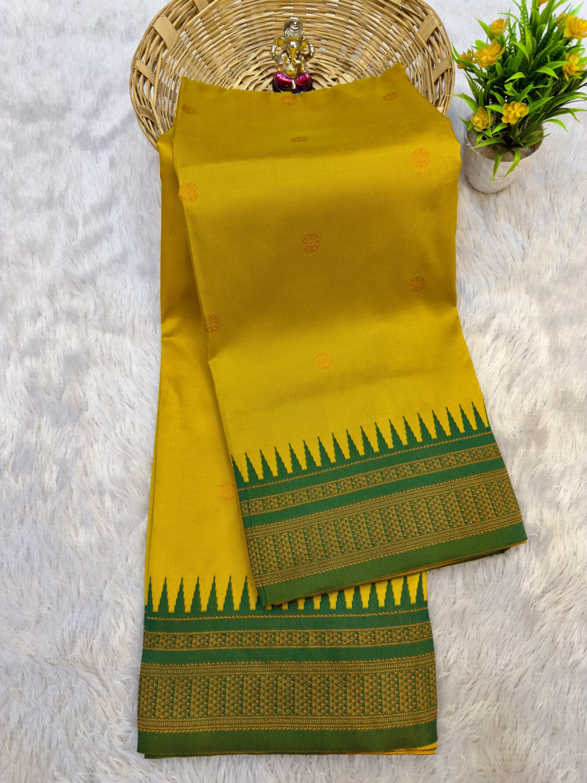 Half Silk Irkal Paithani Saree for Women in yellow with green border.