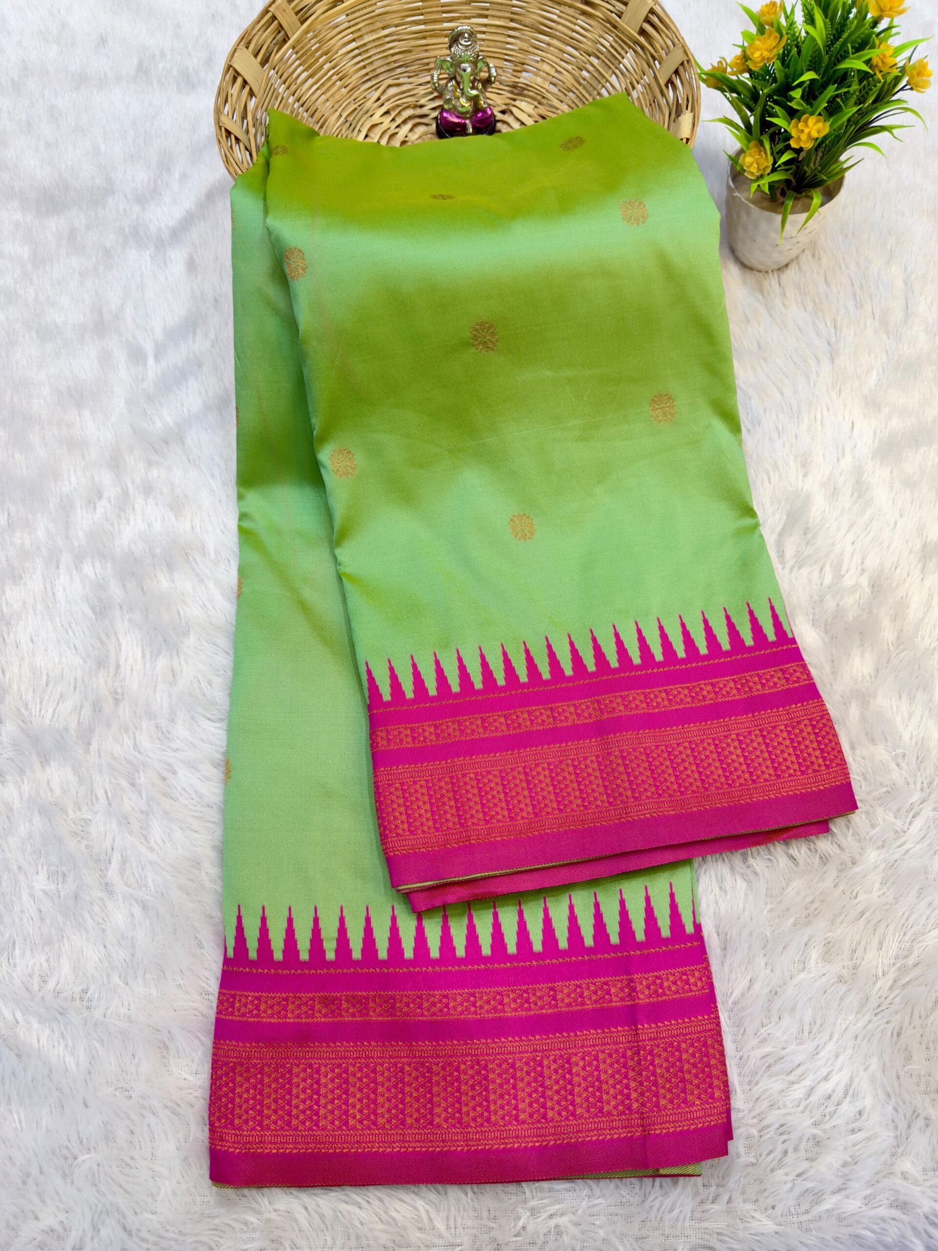 Half Silk Irkal Paithani Saree in green with zari work.