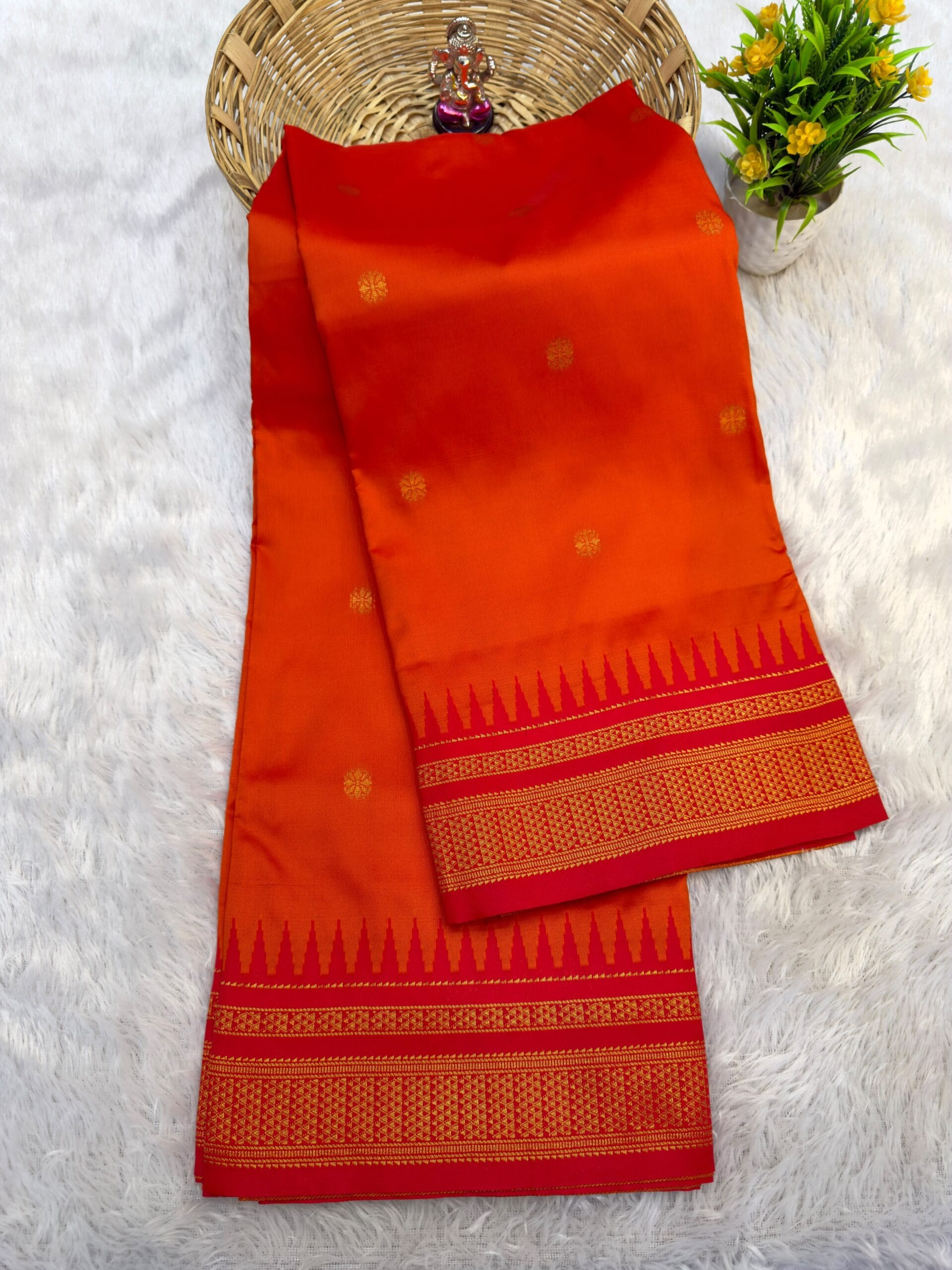 Half Silk Irkal Paithani Saree in vibrant orange with zari work.