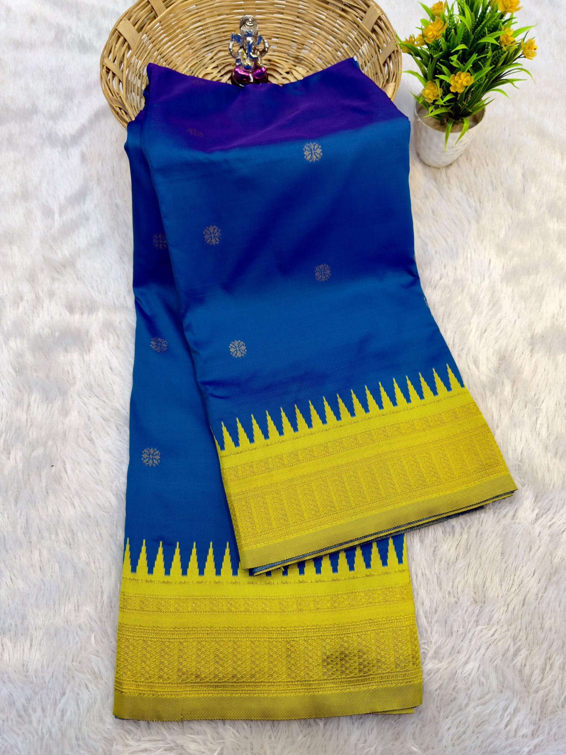 Half Silk Irkal Paithani Saree in blue and yellow.