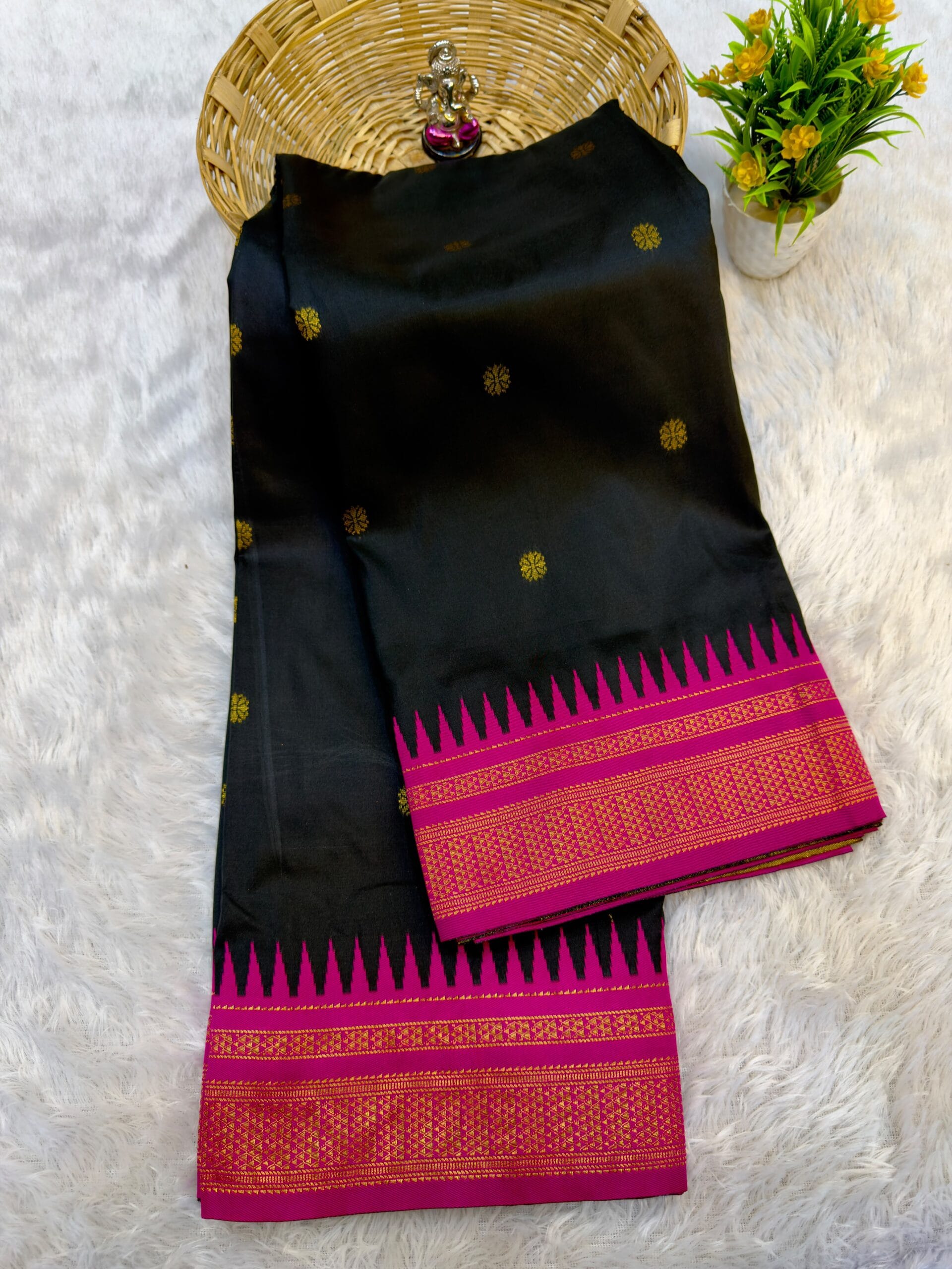 Half Silk Irkal Paithani Saree for Women in black with zari work.